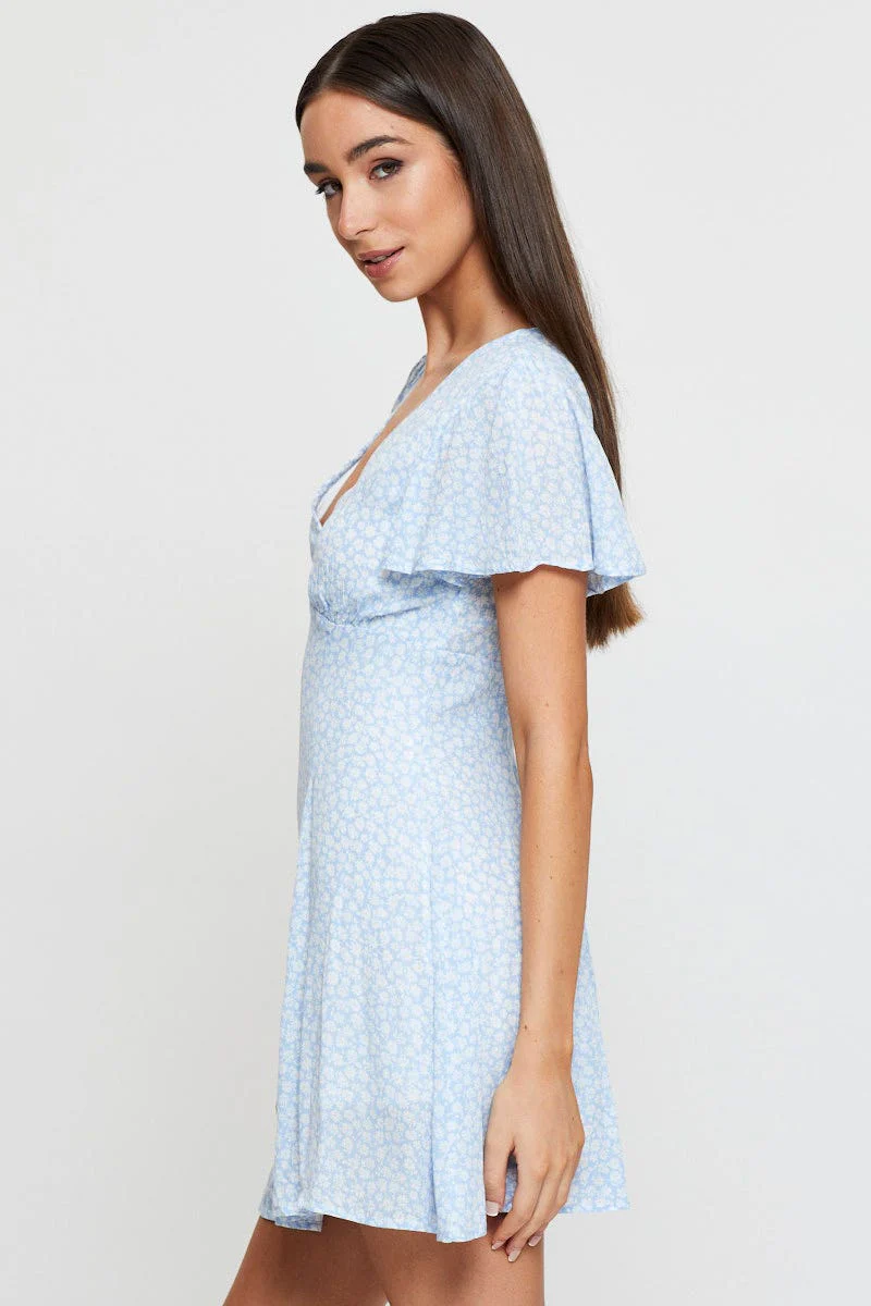 Print Fit And Flare Dress Short Sleeve V Neck - Image 4