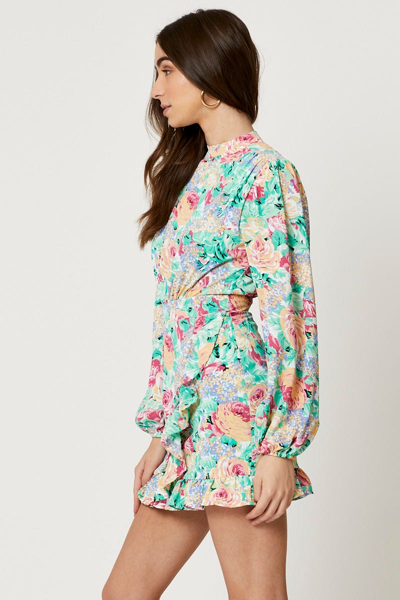 Print High Neck Wrap Skirt Dress - Image 3