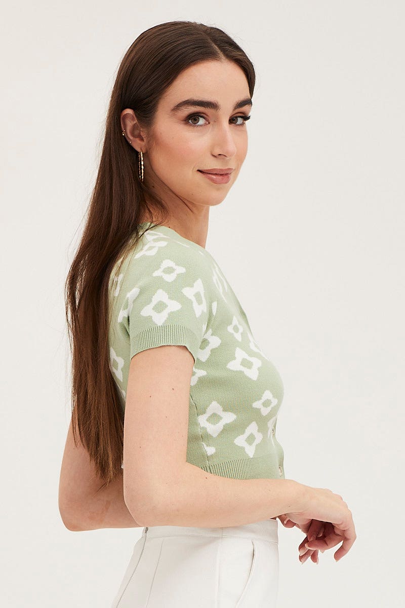 Print Knit Cardigan Short Sleeve Crop Floral - Image 4