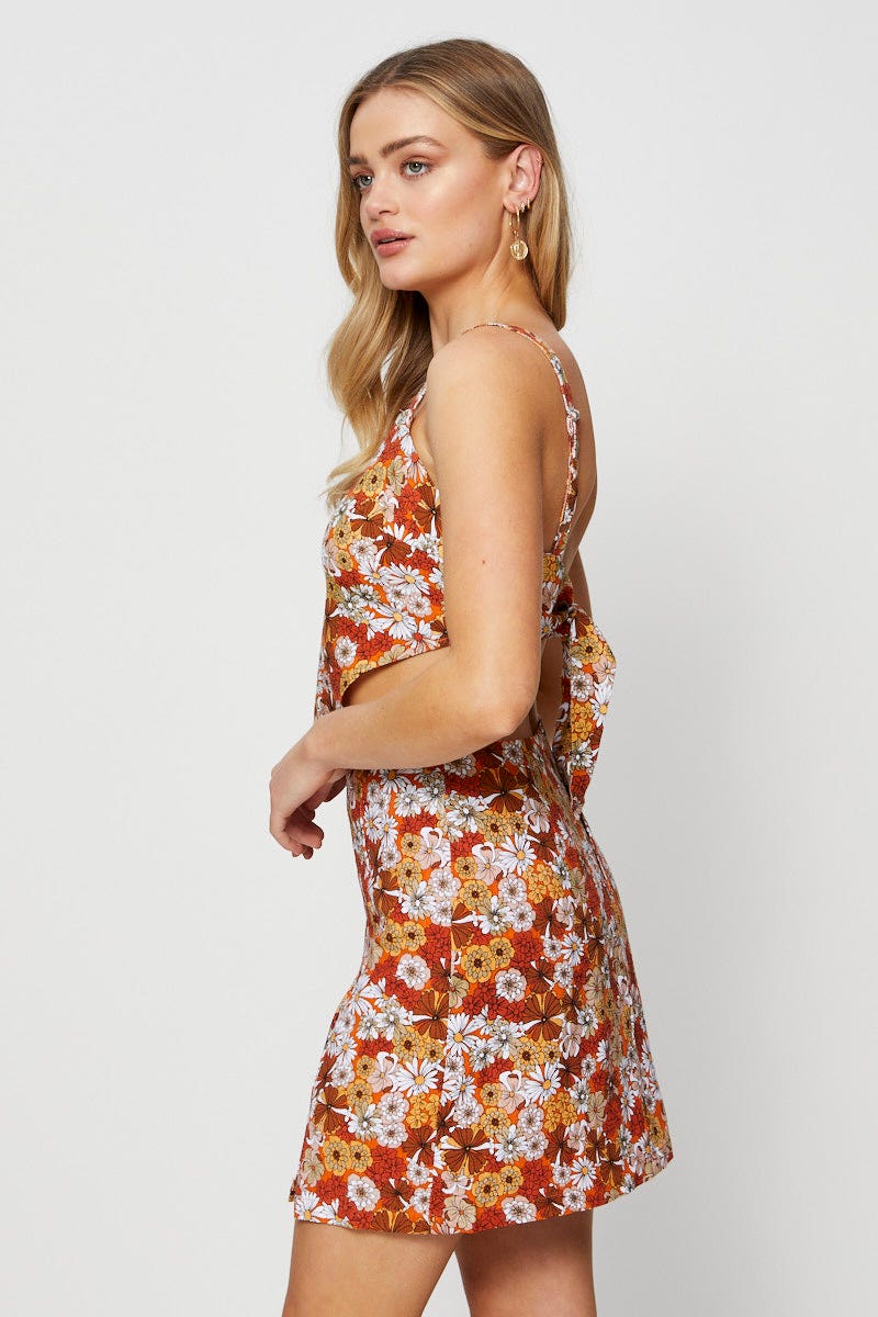 Print Linen Blend Floral Print Front Split Mini Skirt - Image 3
