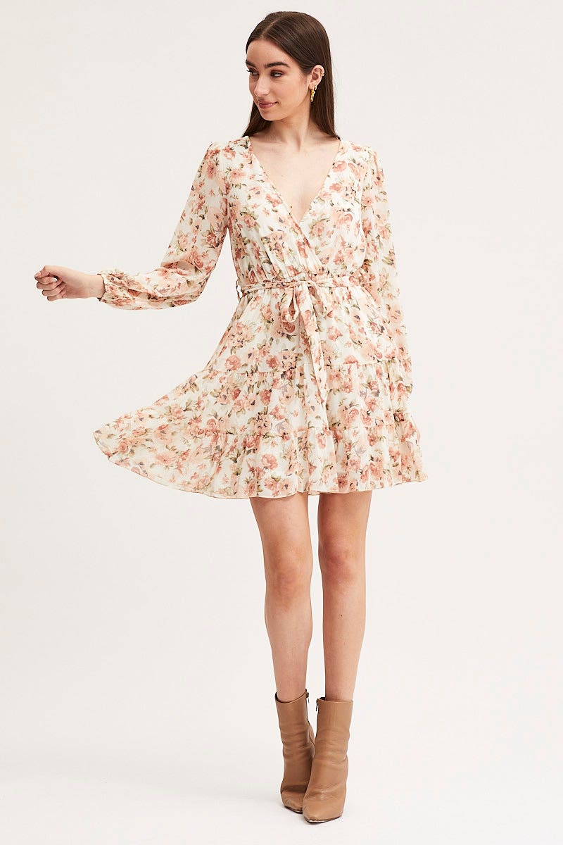 Print Mini Dress Long Sleeve V Neck - Image 2