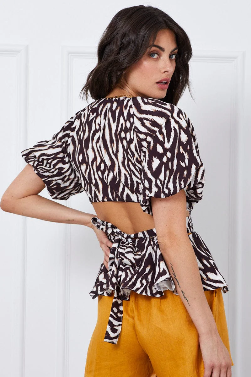 Print Peplum Blouse Short Sleeve Linen - Image 5