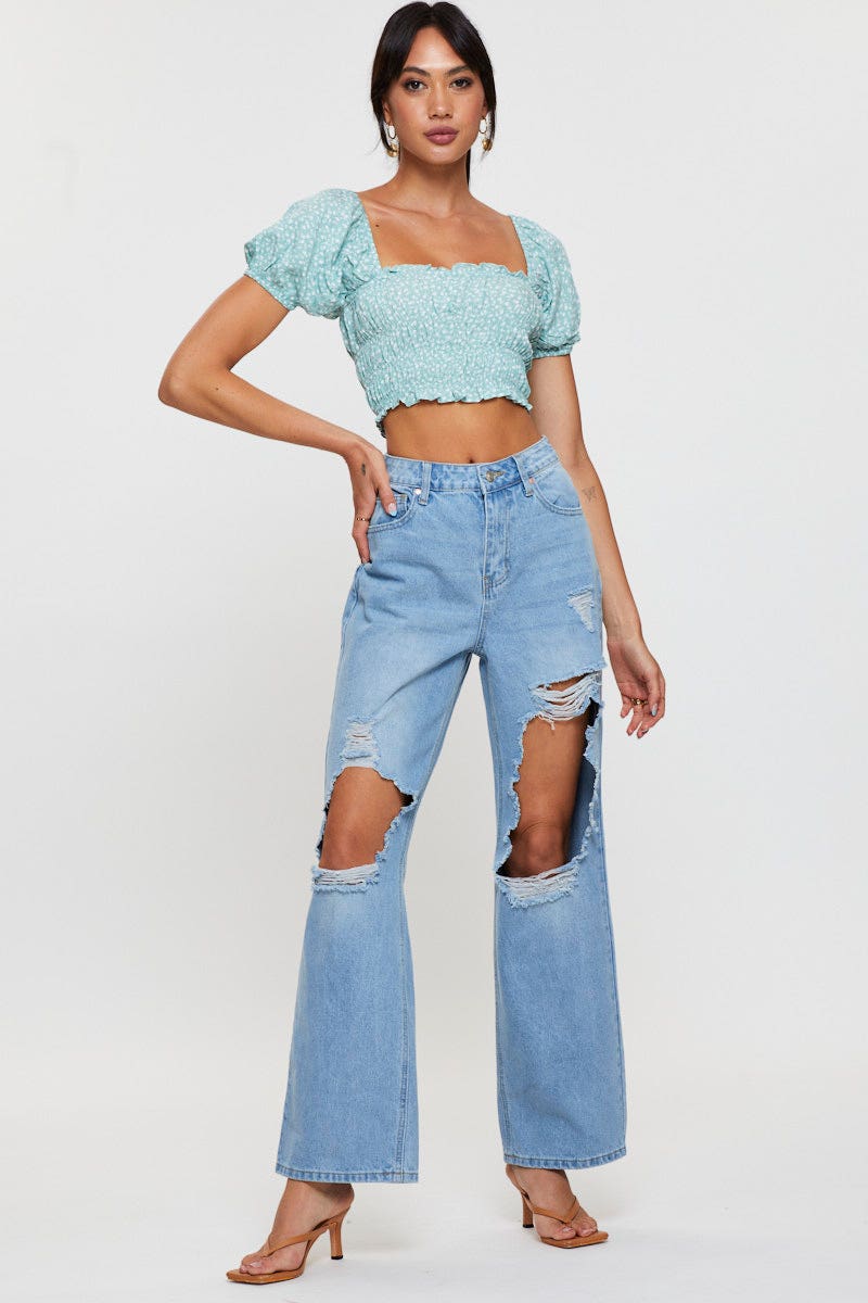 Print Peplum Top Short Sleeve Crop - Image 2