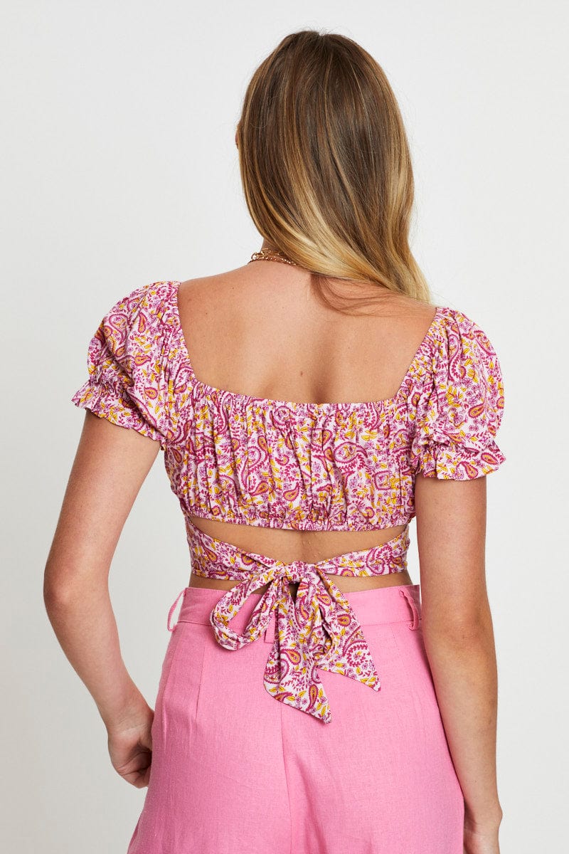 Print Puff Sleeve Top Short Sleeve Crop - Image 5