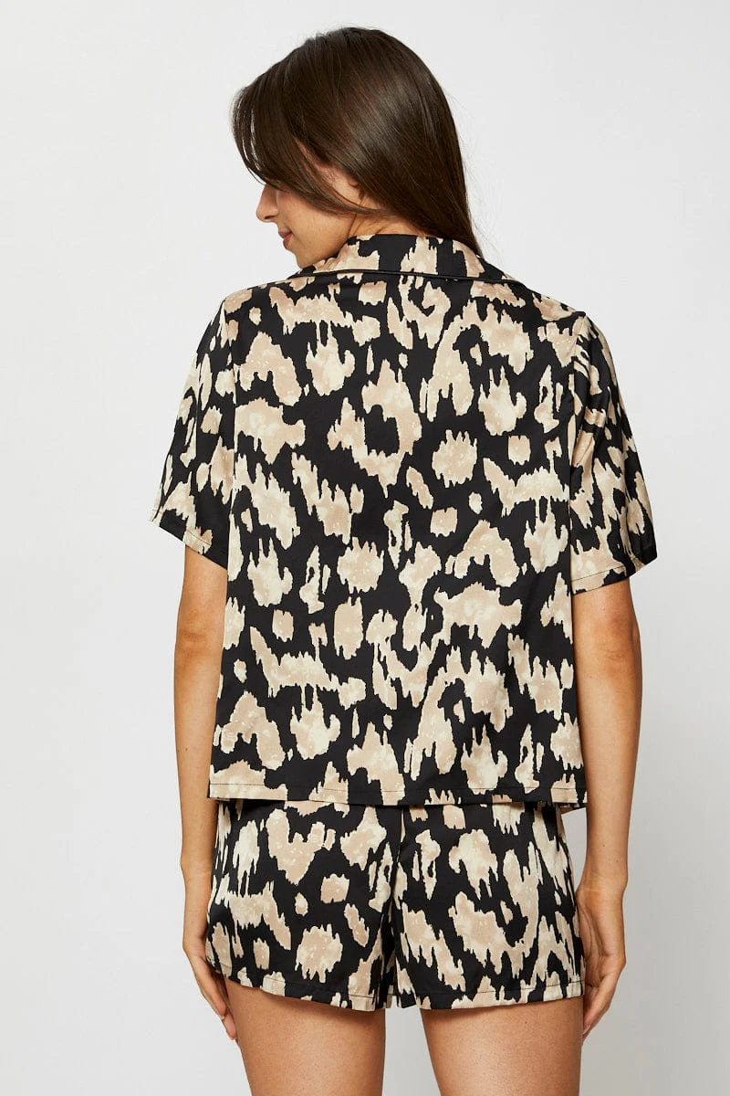 Print Satin Pajamas Set Short Sleeve - Image 5