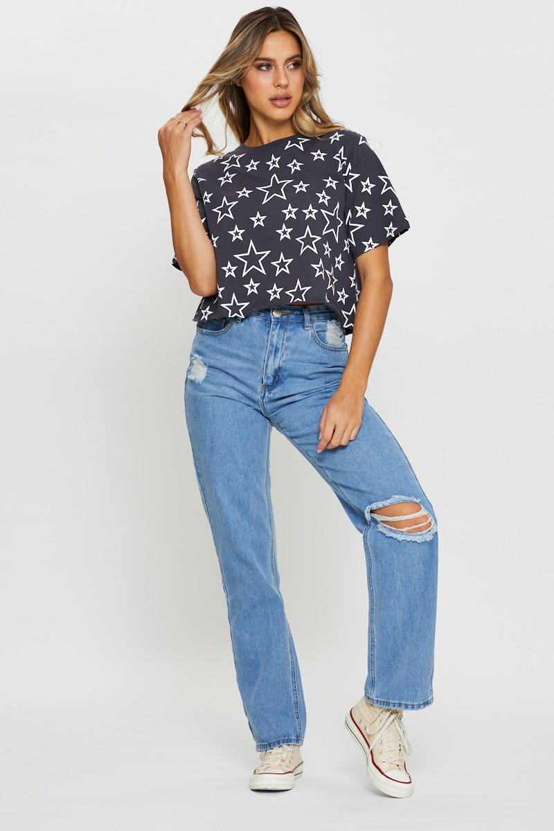 Print Short Sleeve Jersey All Over Star Print T Shirt - Image 2