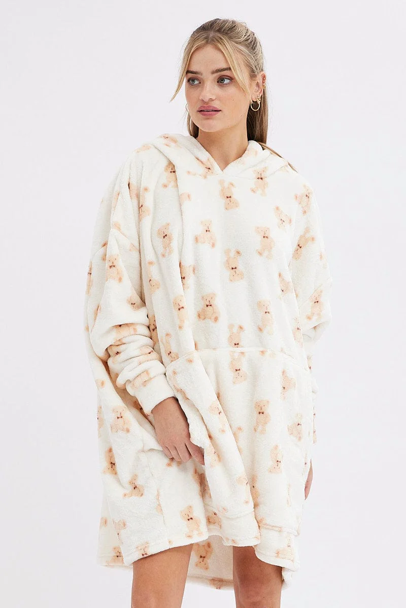 Print Teddy Bear Fluffy Cosy Blanket Hoodie PJ - Image 3