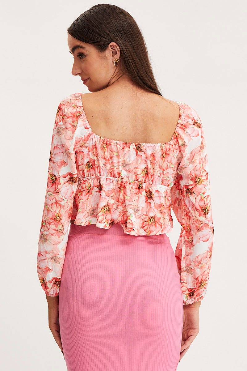 Print Tie Front Top Long Sleeve Crop - Image 5