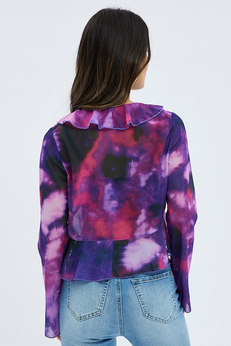Purple Abstract Top Long Sleeve V Neck Tie Ruffle Abstract Chiffon - Image 5