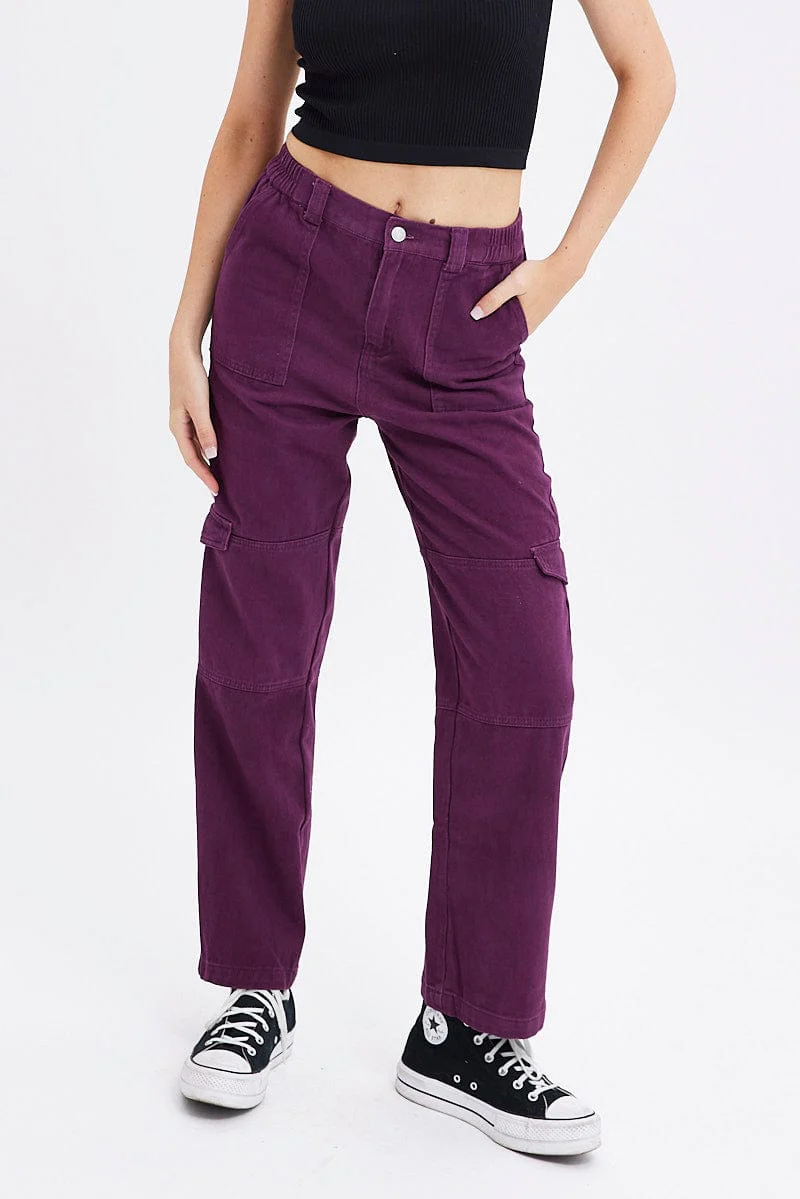 Purple Cargo Jeans Straight Back Elastic Waist - Image 2