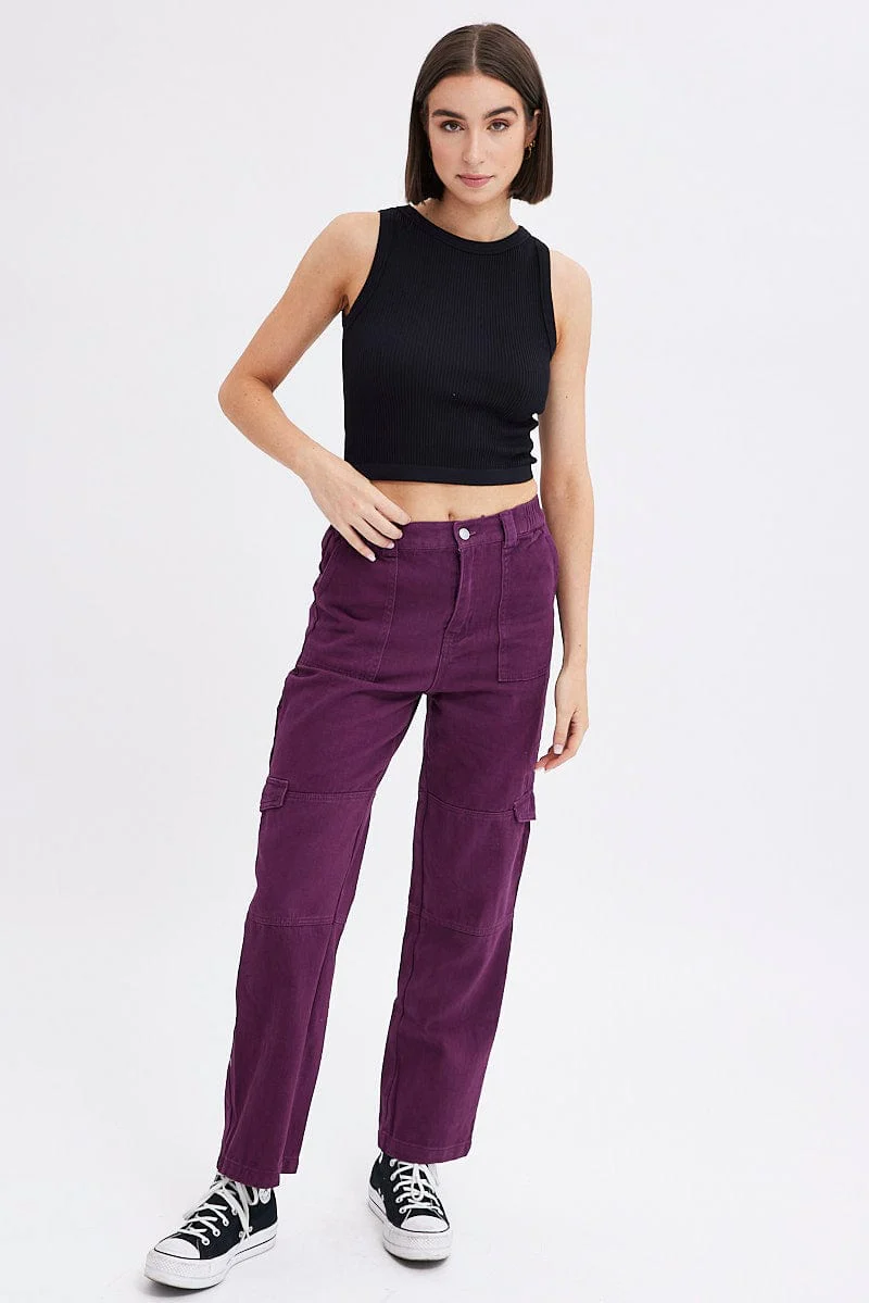 Purple Cargo Jeans Straight Back Elastic Waist - Image 3