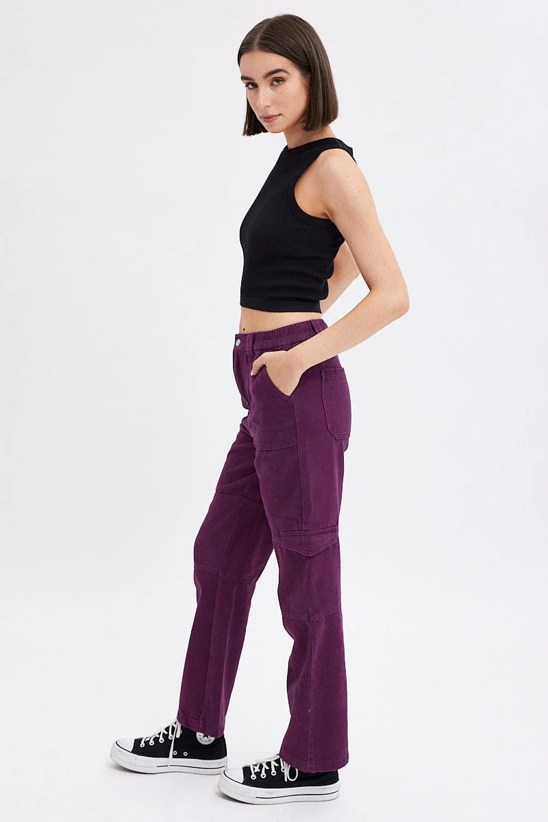 Purple Cargo Jeans Straight Back Elastic Waist - Image 4