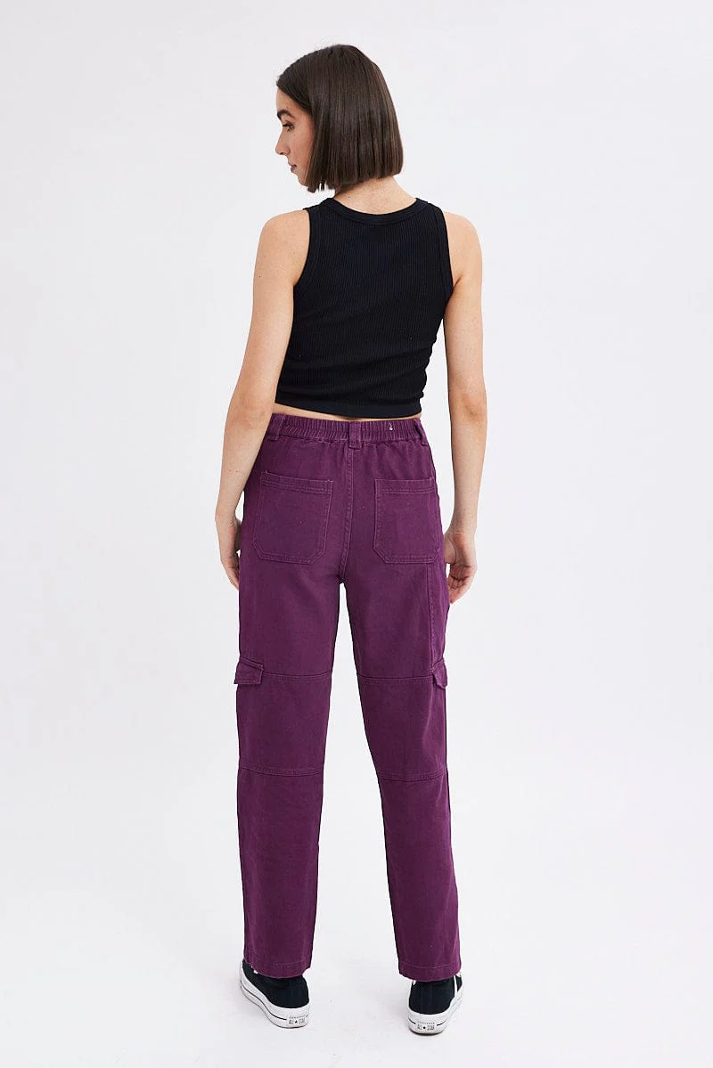 Purple Cargo Jeans Straight Back Elastic Waist - Image 5