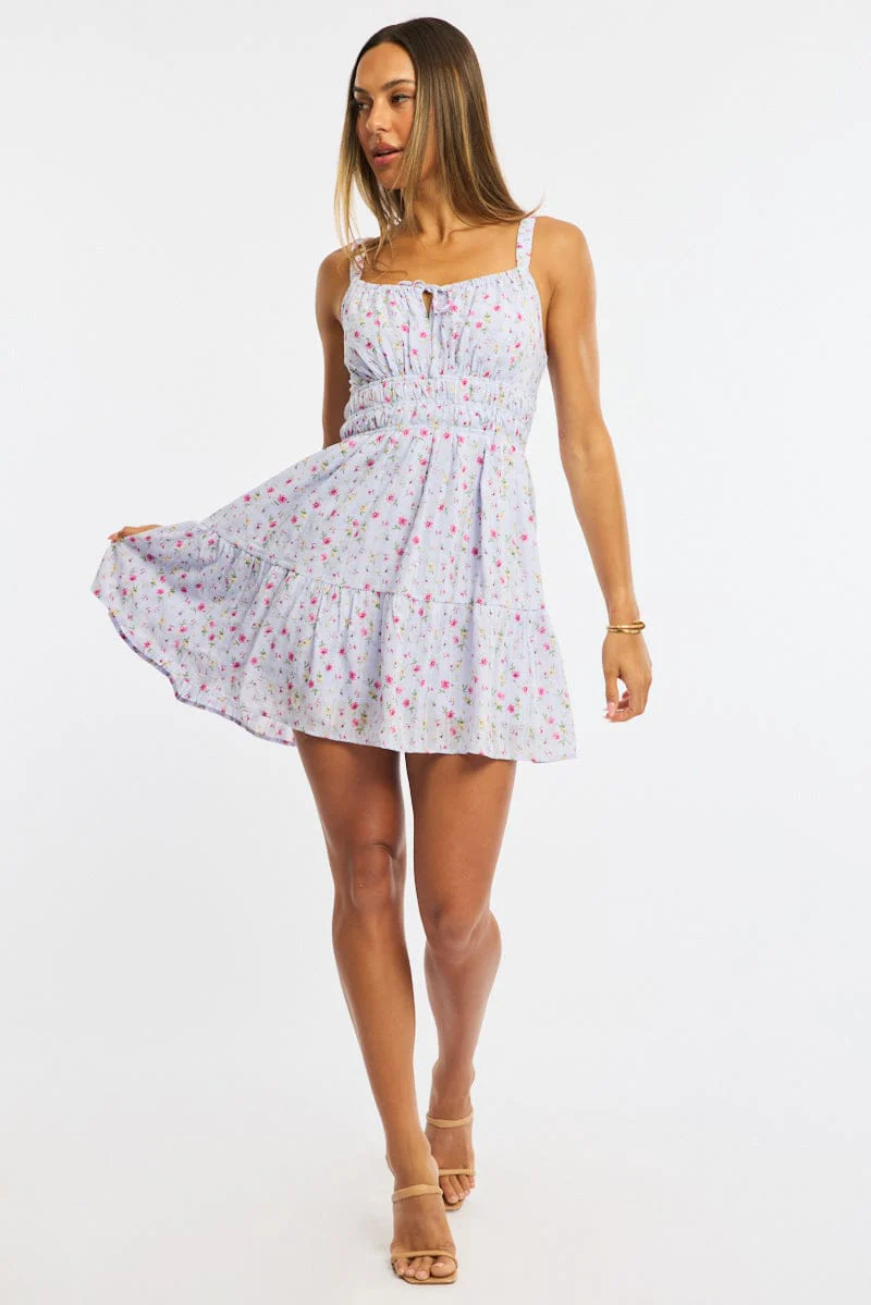 Purple Ditsy Fit And Flare Dress Mini - Image 2