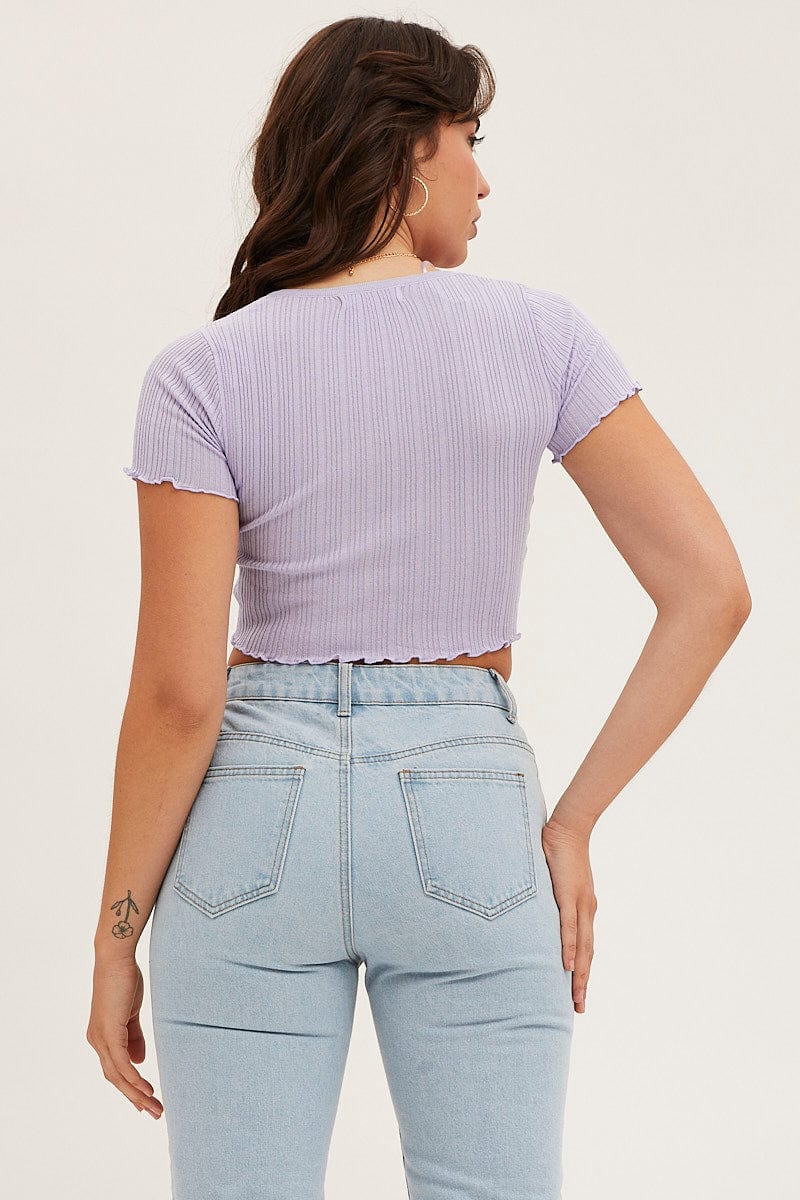 Purple Knit Cardigan Short Sleeve Crop Round Neck - Image 5