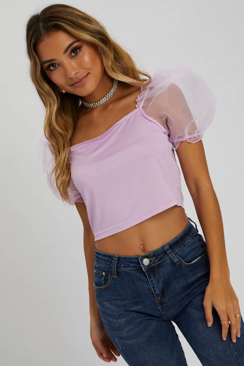 Purple Organza Puff Sleeve Top - Image 4