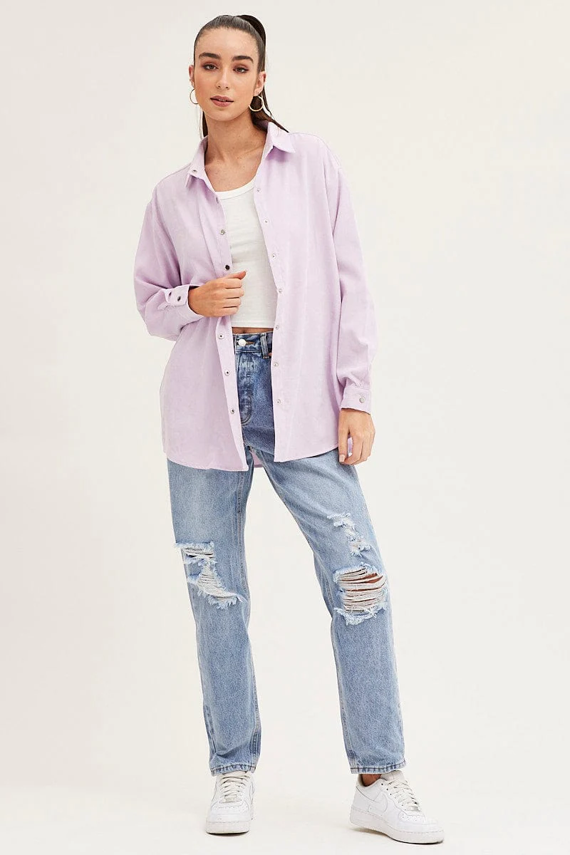 Purple Shirt Top Long Sleeve Collared Corduroy - Image 2