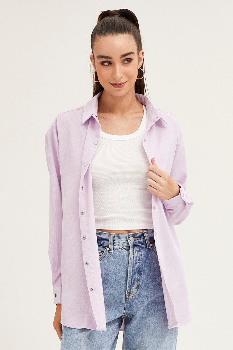 Purple Shirt Top Long Sleeve Collared Corduroy - Image 3