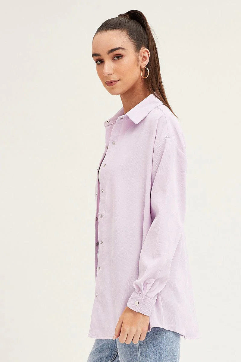 Purple Shirt Top Long Sleeve Collared Corduroy - Image 4