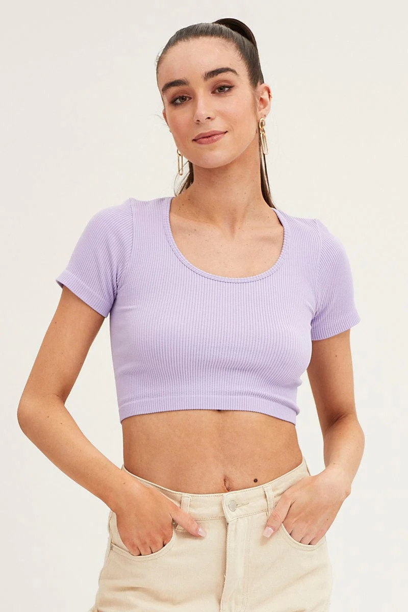 Purple T Shirt Short Sleeve Round Neck Seamless - Image 2