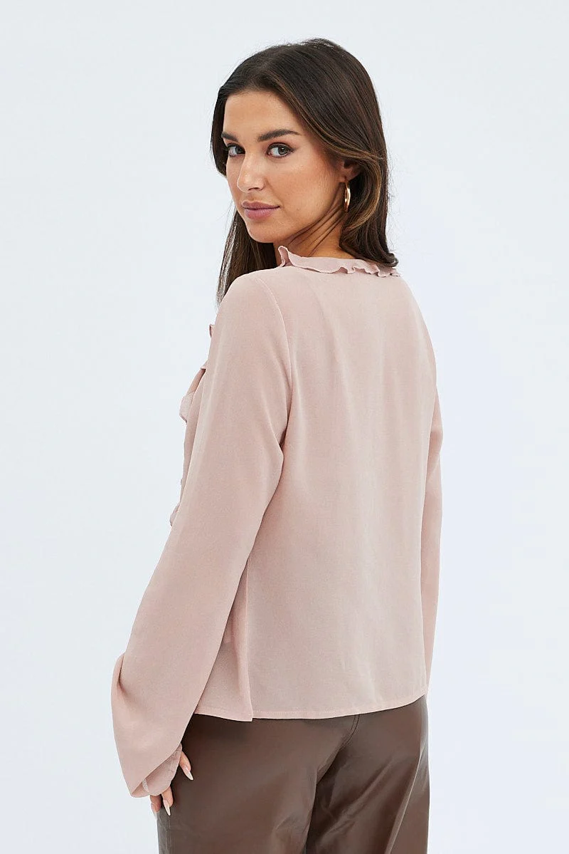 Purple Tie Front Top Long Sleeve V Neck Ruffled Frills - Image 5