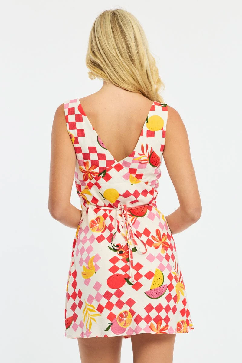 Red Abstract A Line Mini Dress Sleeveless Linen Blend - Image 5