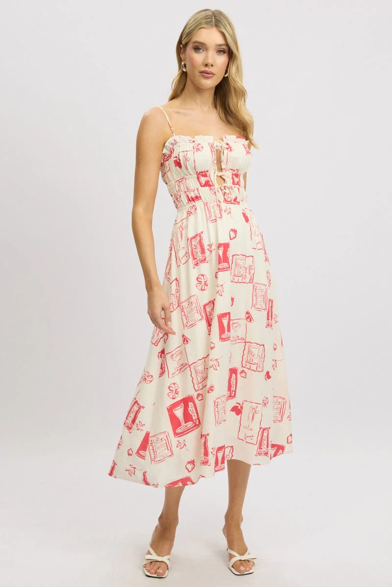 Red Abstract Midi Dress Ribbon Detail Strappy - Image 2