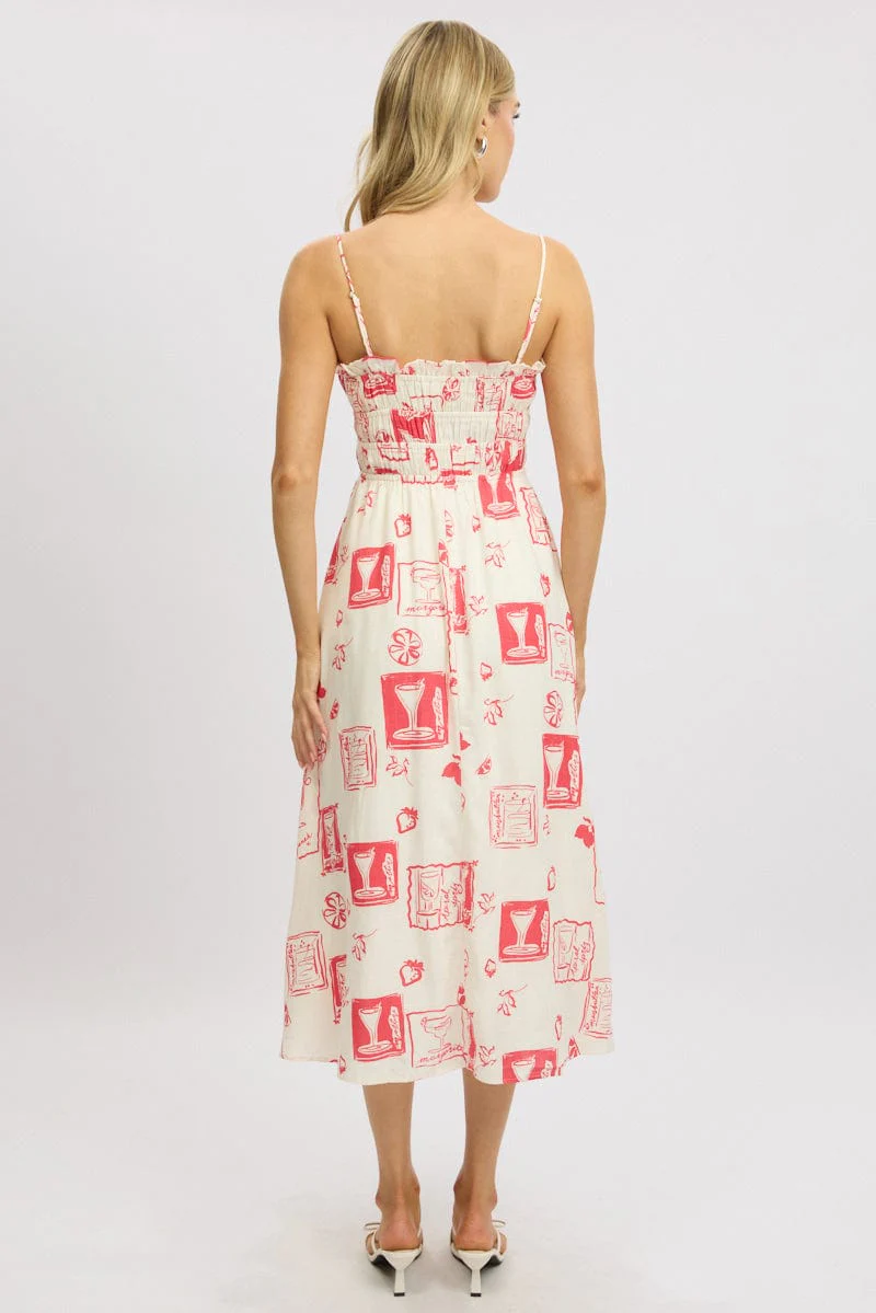 Red Abstract Midi Dress Ribbon Detail Strappy - Image 5