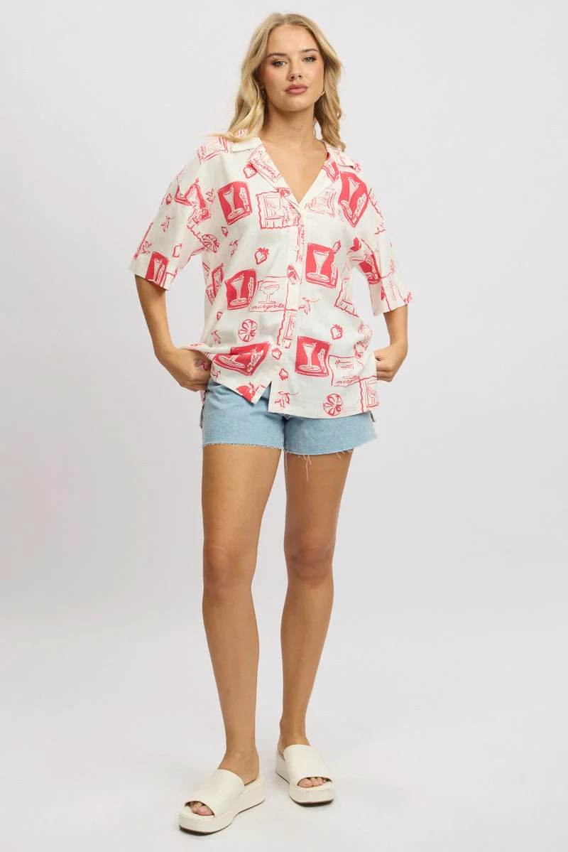 Red Abstract Relaxed Shirt Short Sleeve Linen Blend - Image 2