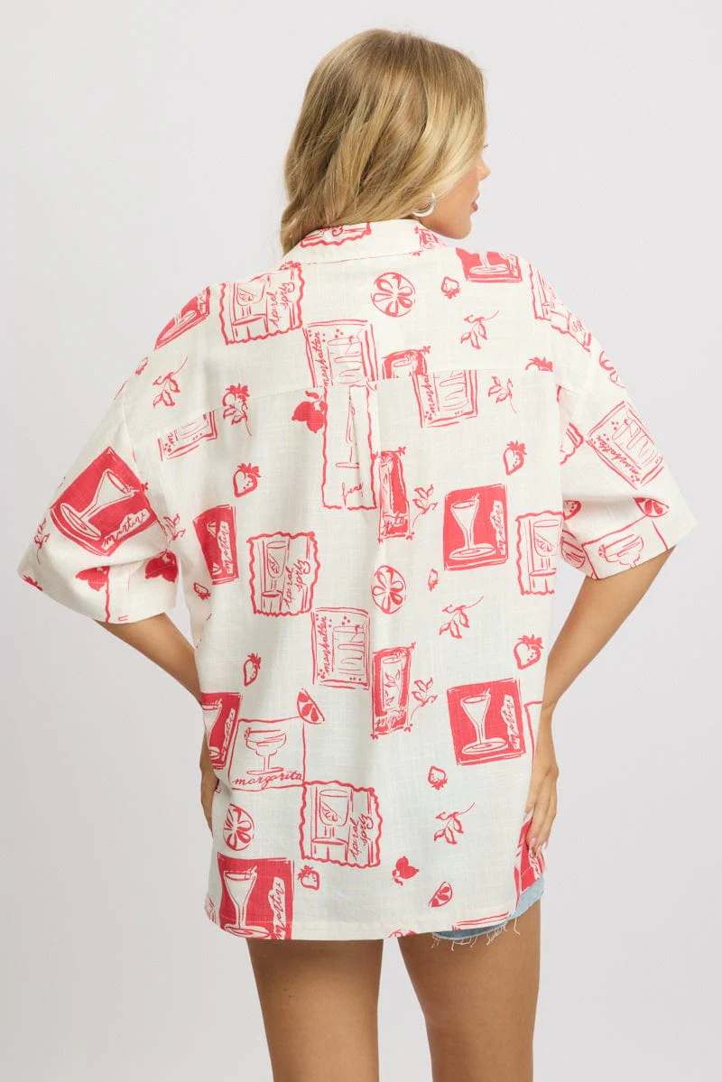 Red Abstract Relaxed Shirt Short Sleeve Linen Blend - Image 5