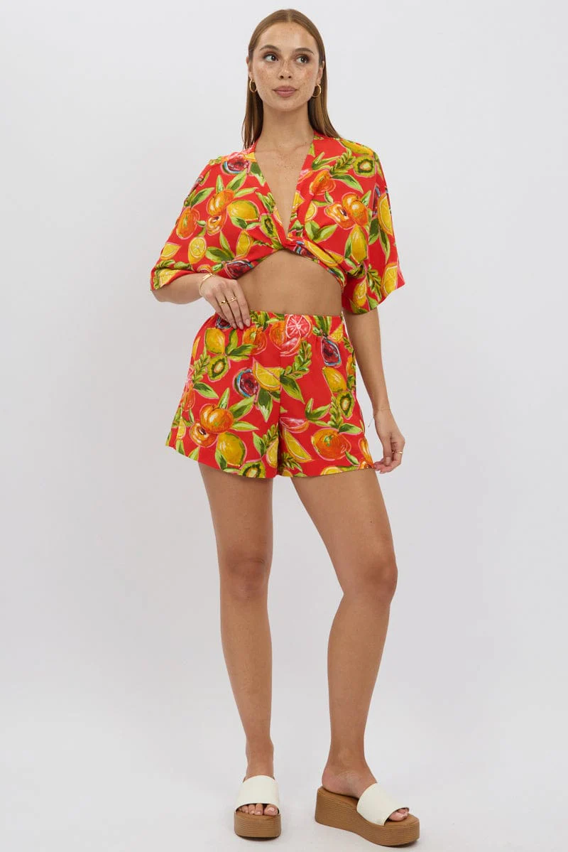 Red Abstract Relaxed Shorts High Rise - Image 2