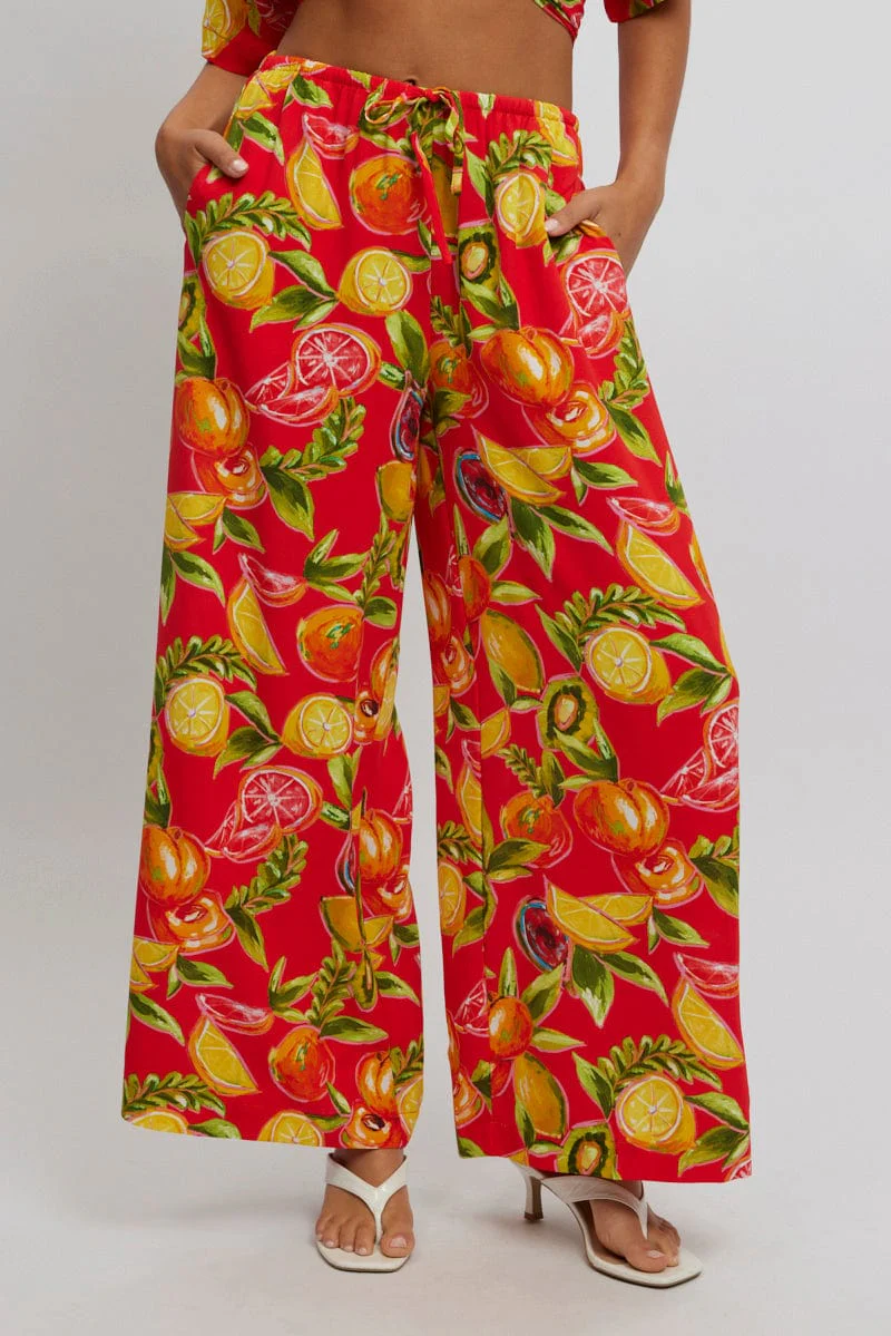 Red Abstract Wide Leg Pants High Rise - Image 2
