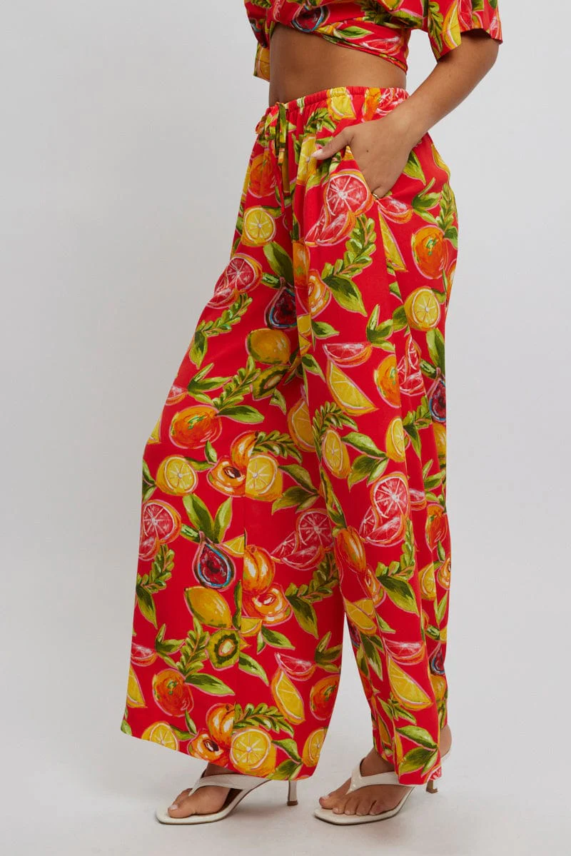 Red Abstract Wide Leg Pants High Rise - Image 3