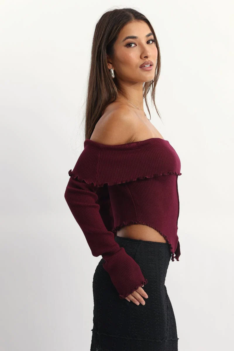 Red Bardot Knit Top Long Sleeve Open Front - Image 3