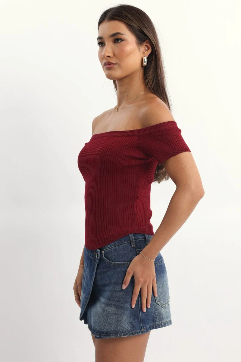 Red Bardot Knit Top Short Sleeve - Image 3