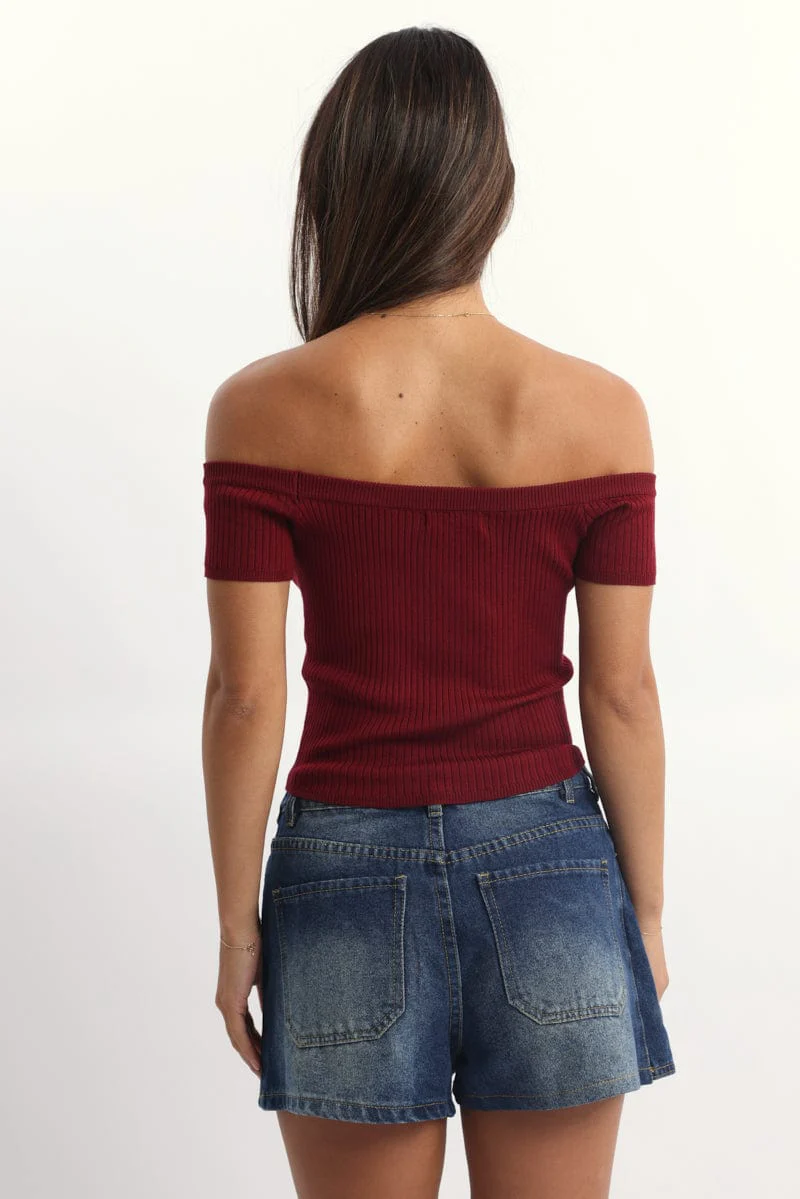Red Bardot Knit Top Short Sleeve - Image 4
