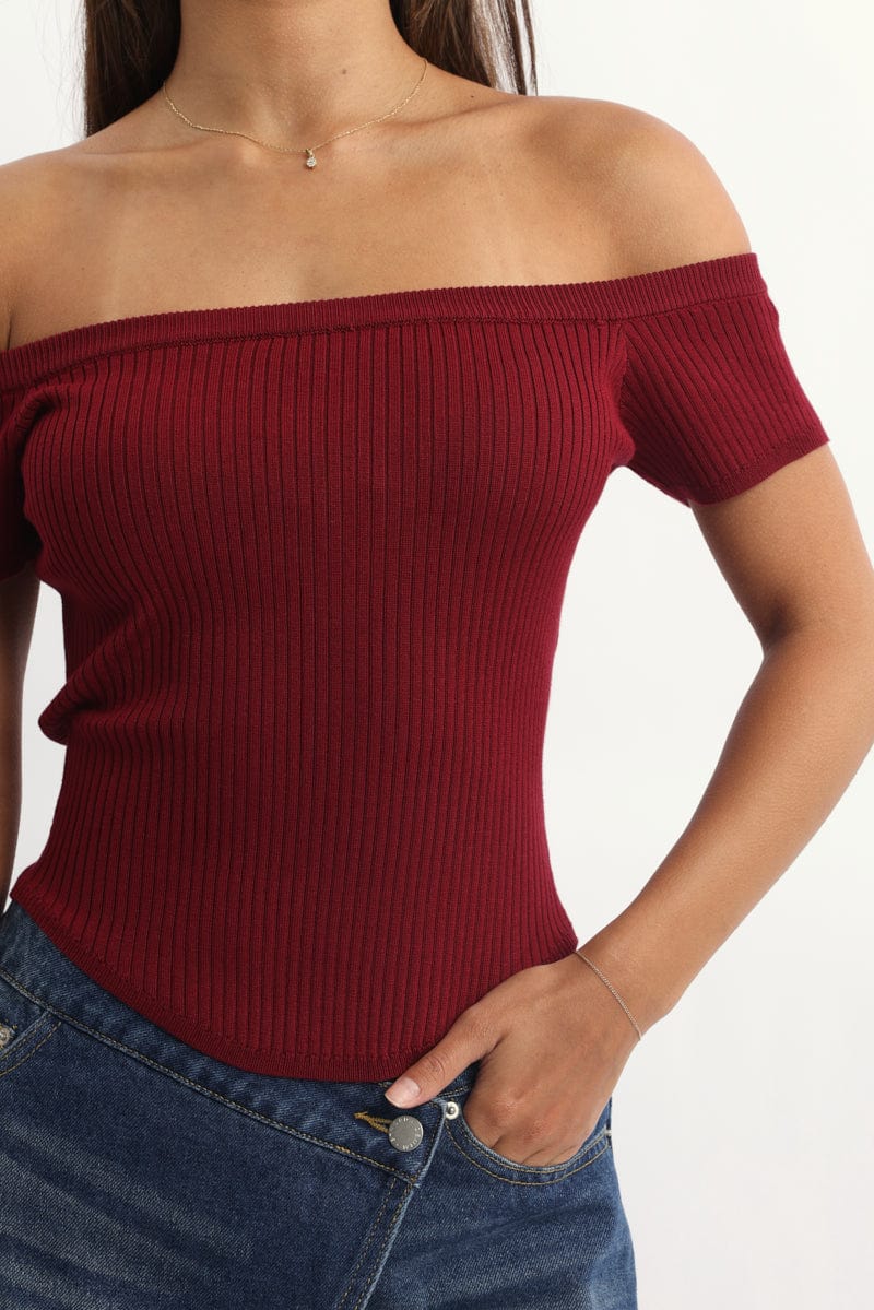 Red Bardot Knit Top Short Sleeve - Image 5