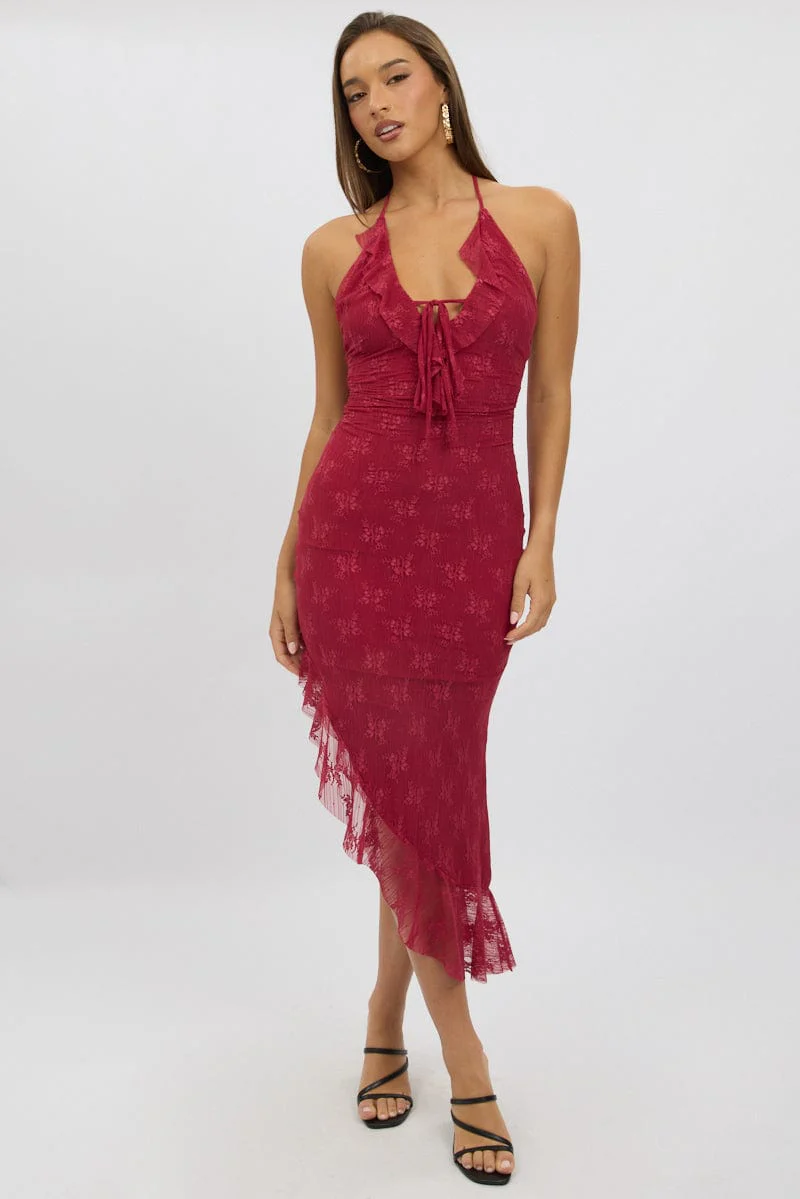 Red Bodycon Dress Ruffle Halter Neck - Image 2