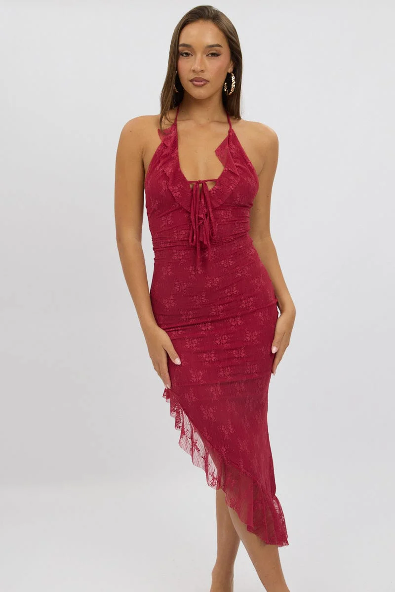 Red Bodycon Dress Ruffle Halter Neck - Image 3