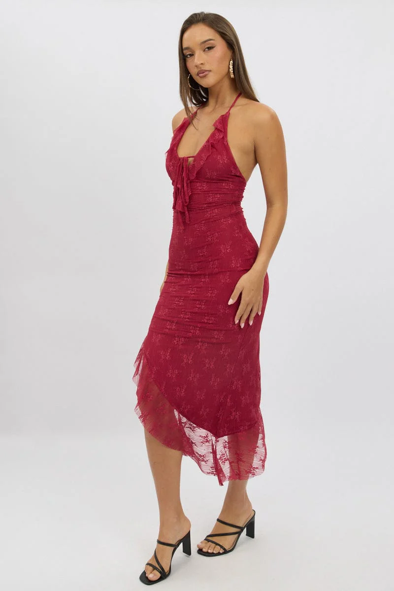 Red Bodycon Dress Ruffle Halter Neck - Image 4