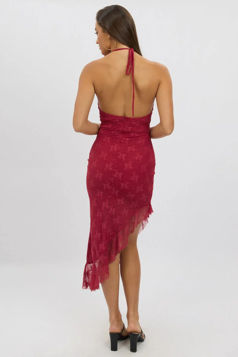 Red Bodycon Dress Ruffle Halter Neck - Image 5
