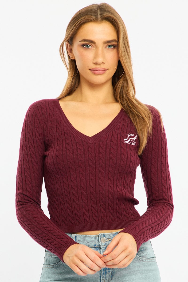 Red Cable Knit Top V-neck Embroidered Detail