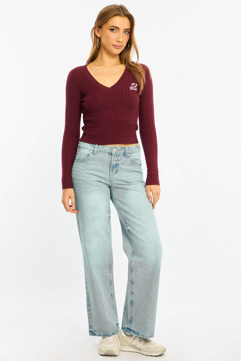 Red Cable Knit Top V-neck Embroidered Detail - Image 2