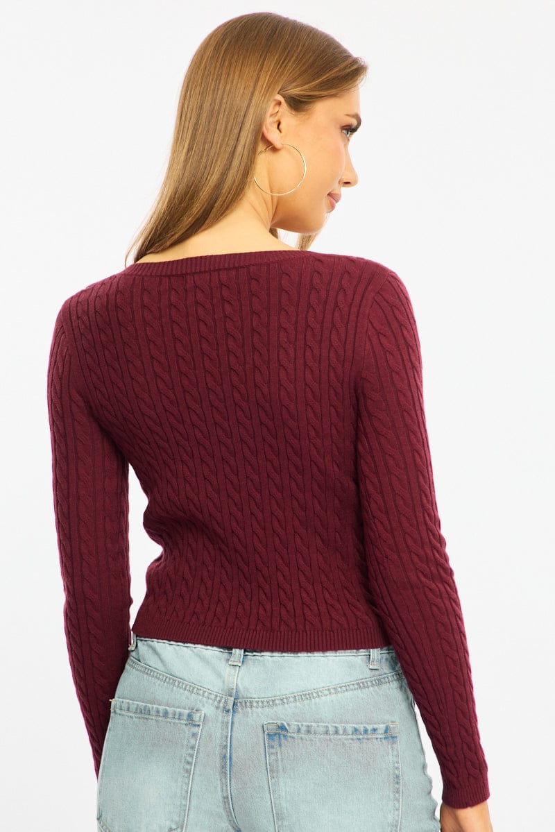 Red Cable Knit Top V-neck Embroidered Detail - Image 4