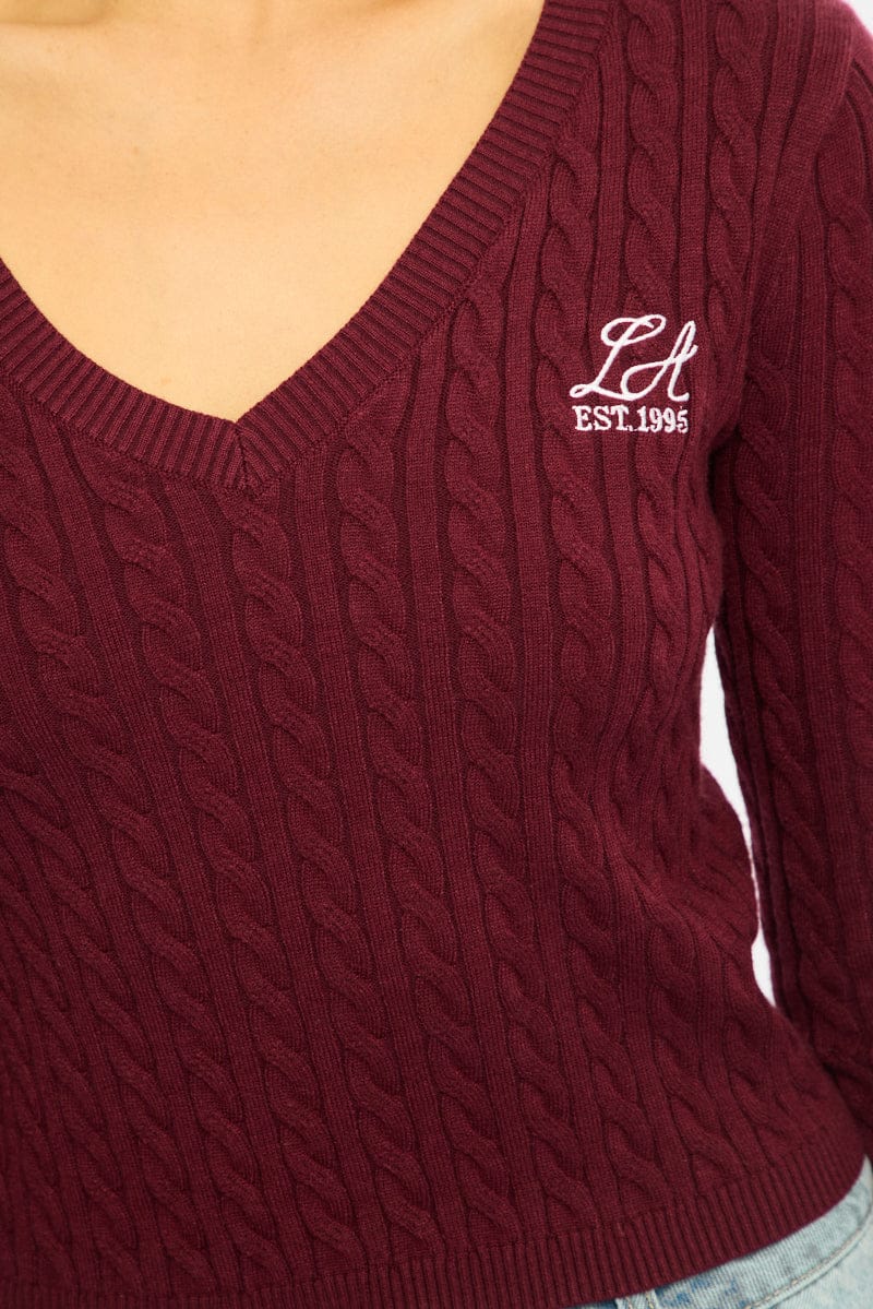 Red Cable Knit Top V-neck Embroidered Detail - Image 5