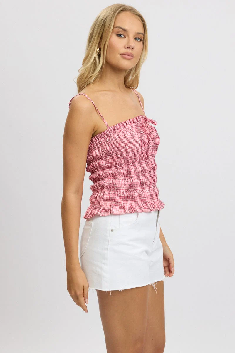 Red Check Cami Top Sleeveless Shirred - Image 5