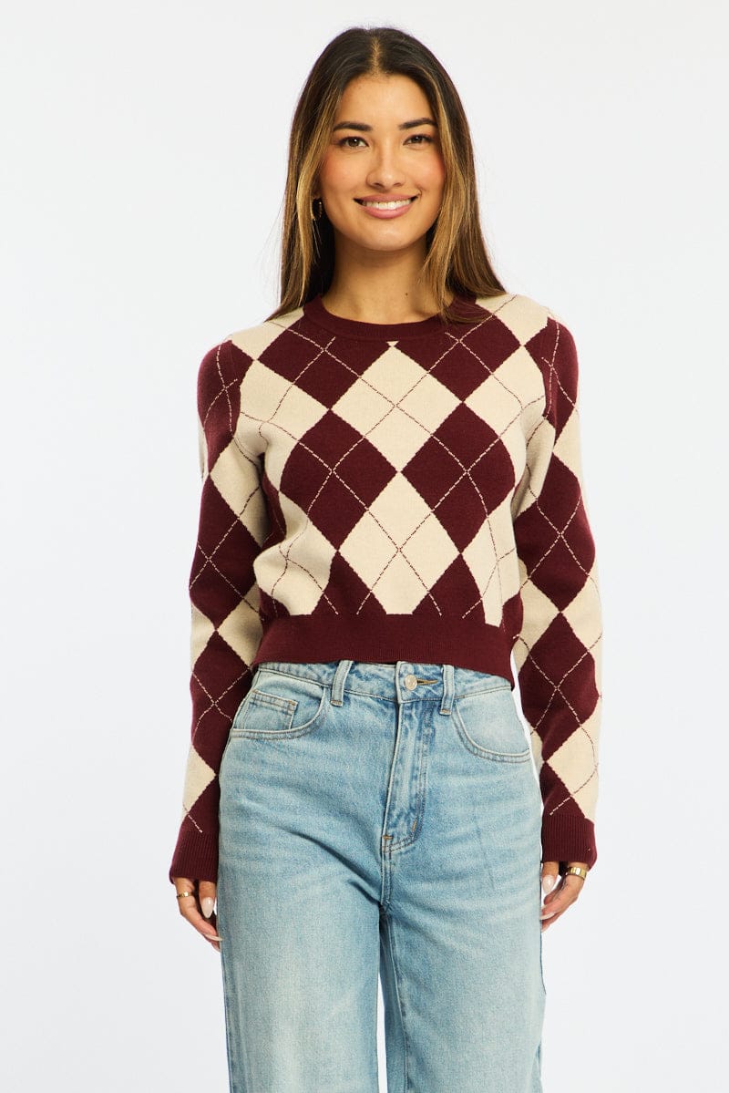 Red Check Knit Top Long Sleeve V-neck Argyle - Image 3