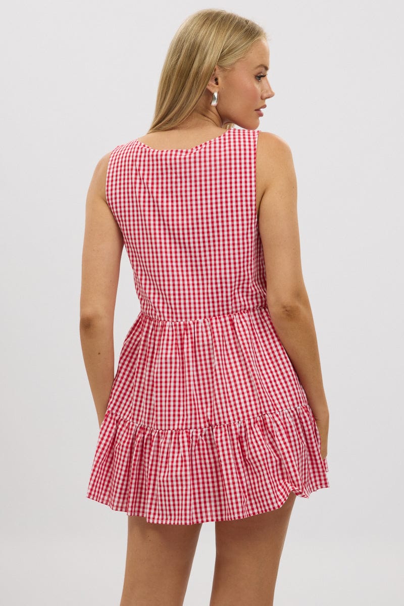 Red Check Mini Dress Ribbon Detail - Image 5