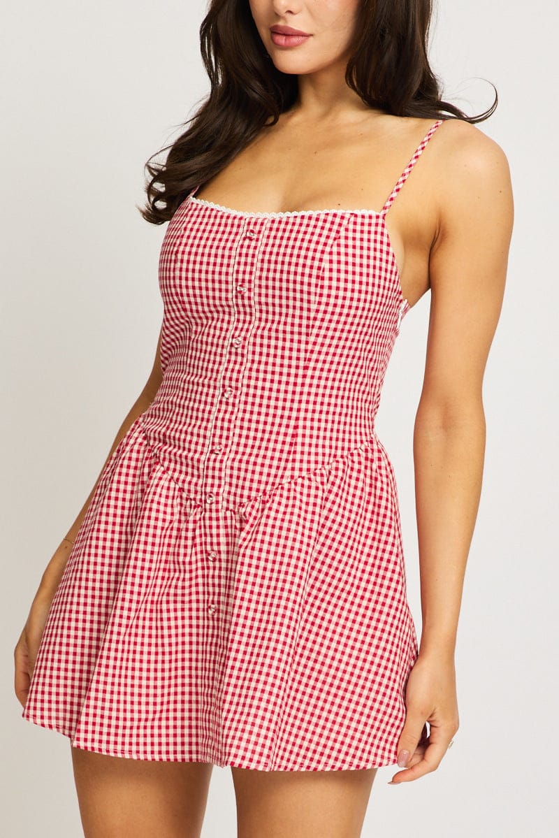 Red Check Mini Dress Strappy - Image 5