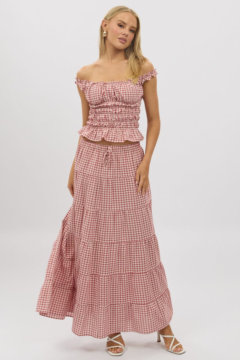 Red Check Shirred Top Off Shoulder Frill Details - Image 2